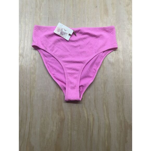 JESSICA SIMPSON Women's Pretty in Pique High-Waist Bikini Bottom Pink (Medium) - Picture 1 of 3